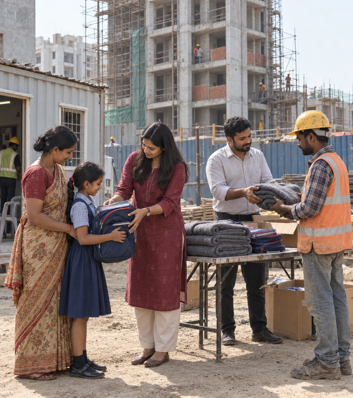 A school bag and warm blankets being handed over on a building site, with a residential tower rising behind