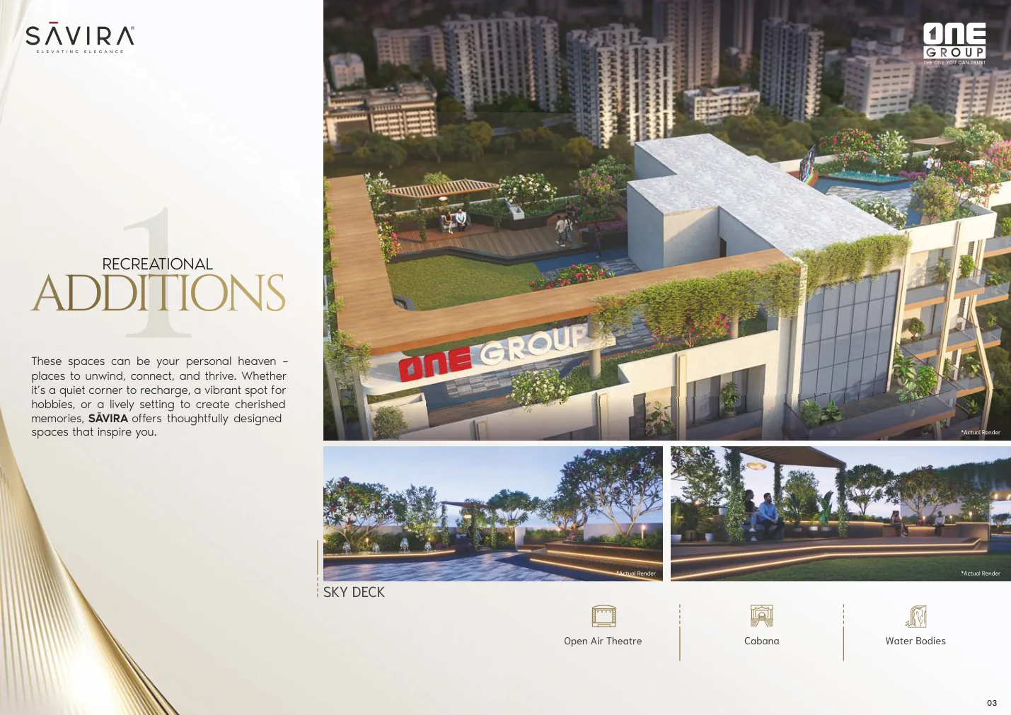 The Saavira — rooftop sky deck with open-air theatre, cabana and water bodies above ONE Group signage, Sector 48 Gurugram