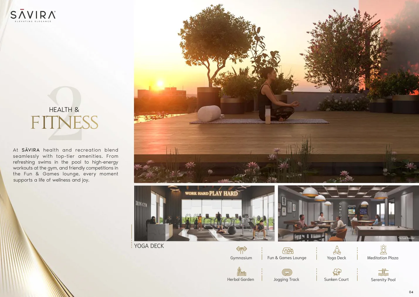 The Saavira — yoga deck with Gurugram skyline, plus gymnasium and fun-and-games lounge